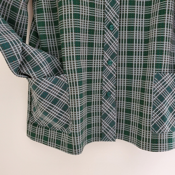 70s Vintage Forest Green Plaid Dagger Collar Top - Picture 5 of 8
